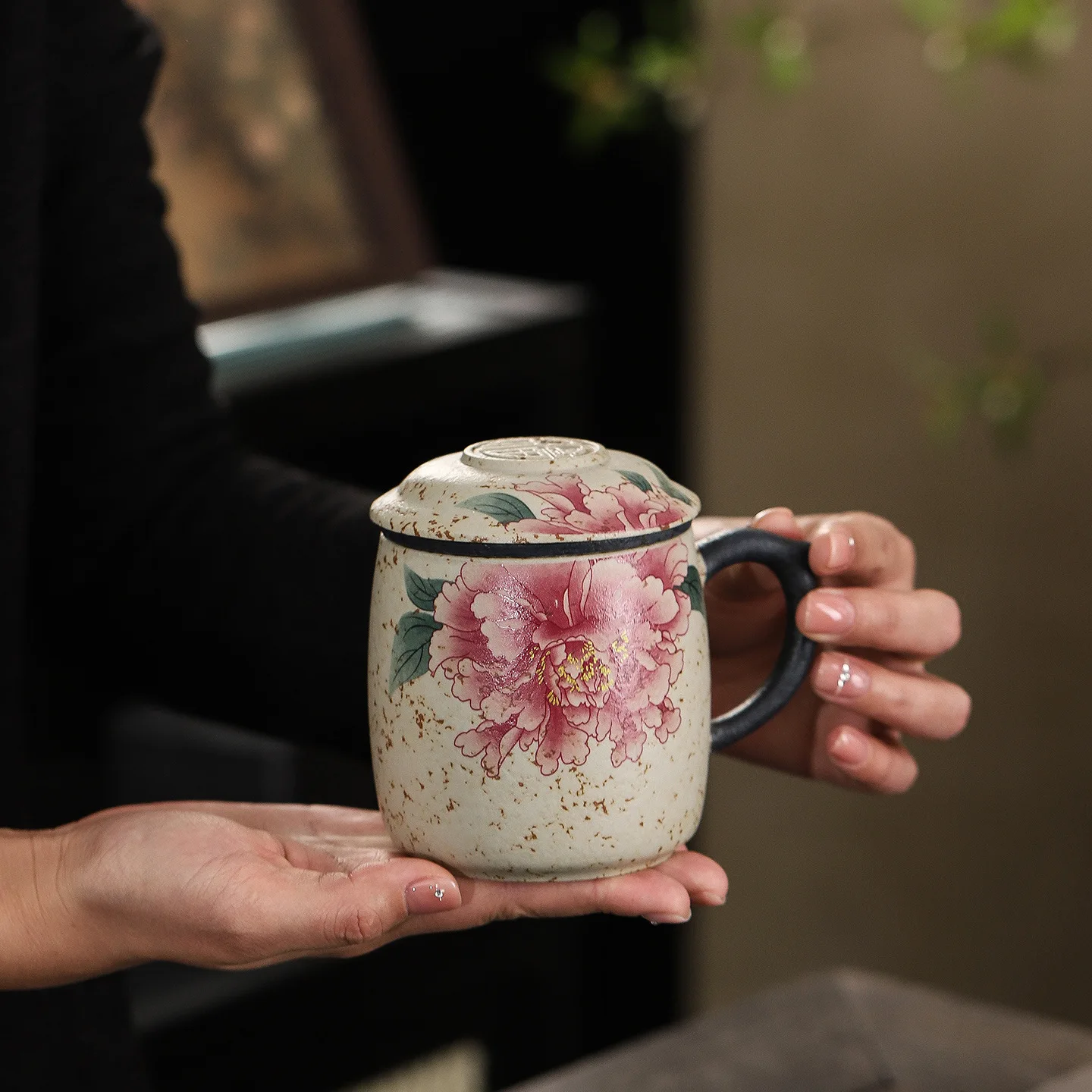 Retro Red Glaze Ceramic Tea Mug With Lid, Water Separation Infuser Cup Personal Office Brewing Drinking Cup