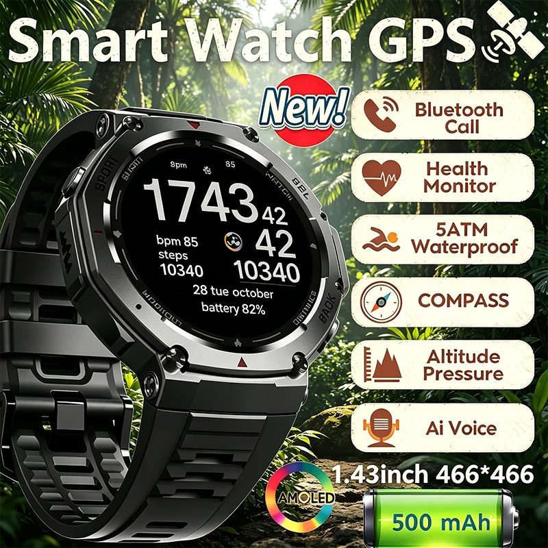 

2026 New 5ATM Waterproof Outdoor Sports Smart Watch Men GPS Compass 100+ Sports Mode Bluetooth Call Healthy Sports Smartwatch