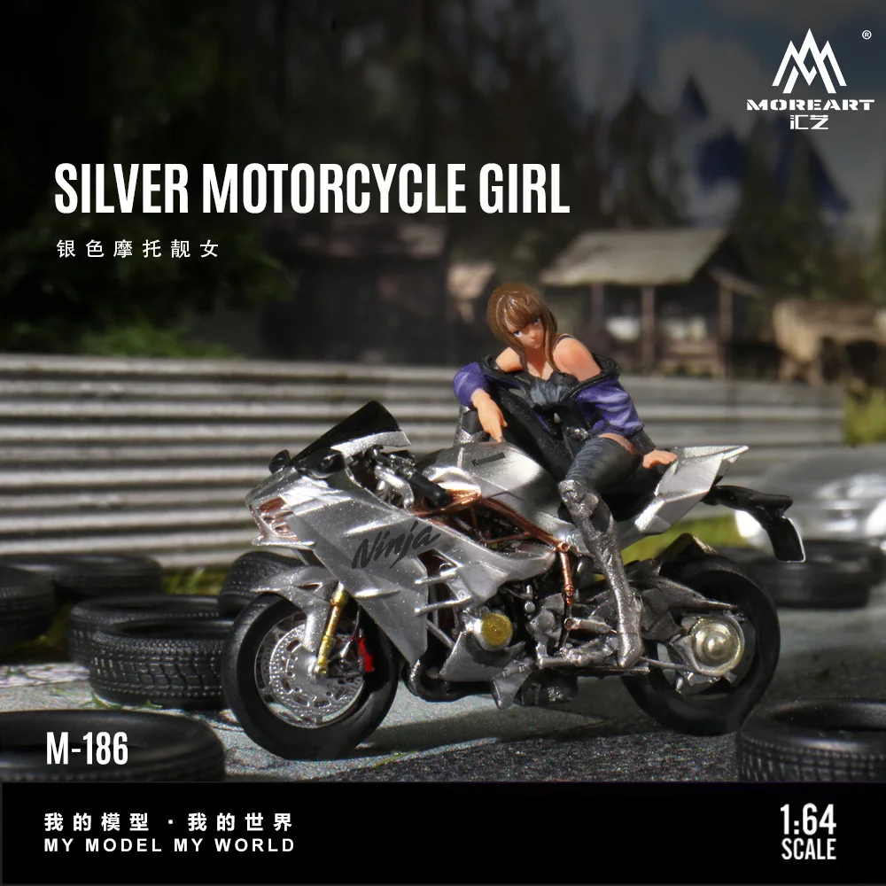 

*Pre-Order*MoreArt 1:64 Silver Motorcycle Beautiful Female Figure Resin Model, Miniature Scene Decoration Gift&Display