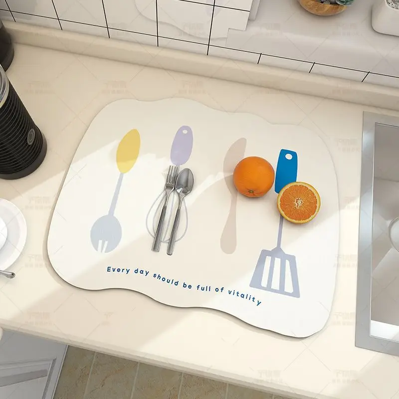 VIKAMA Kitchen Utensil Print Dish Drying Mat Quick Absorbent Non Slip Waterproof Coffee Counter Sink Draining Pad