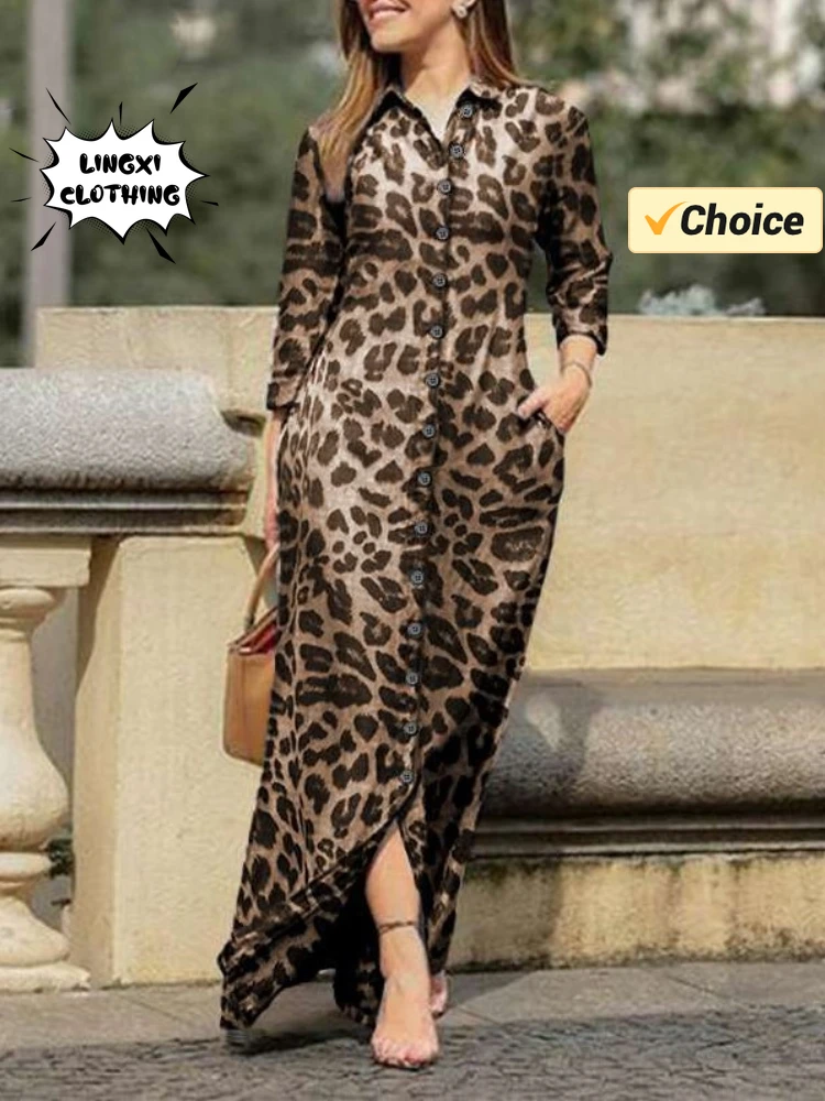 2024 Summer Fashion New Leopard Pattern Women's Dress Flip Collar Slim Fit Long Retro Style Elegant Single Breasted Long Dress
