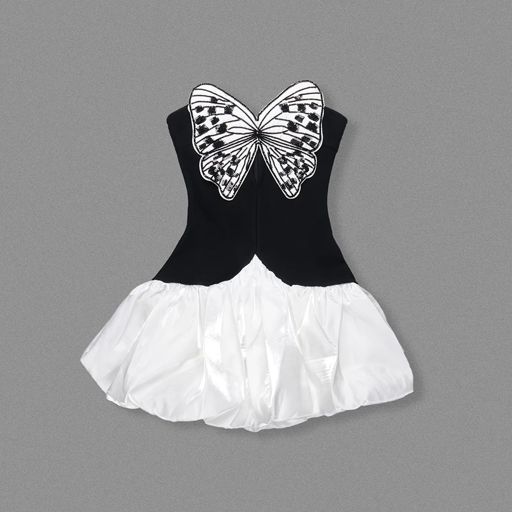 Schickes, schwarz-weißes, trägerloses Minikleid für Damen mit Schmetterlingsstickerei – ideal für Sommerpartys und Mode – Vorwärtsveranstaltungen