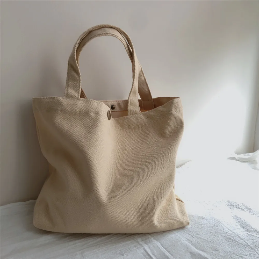 Fashion Canvas Bags Solid Color Women Shopping Bag Eco-Friendly Foldable Bag Grocery Bags Folding Pocket Tote Shoulder Handbags