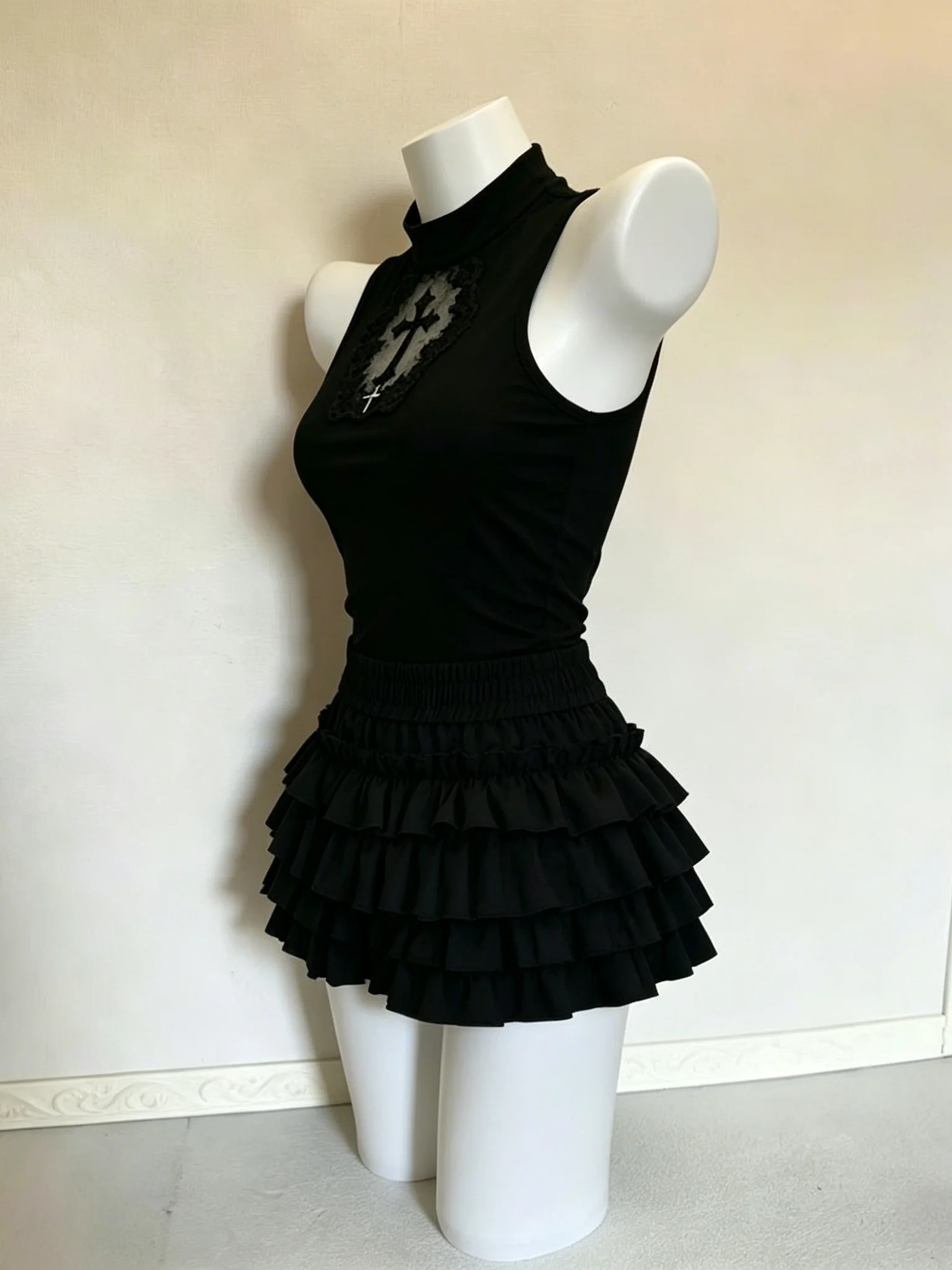 Gothic Style Cross Hollow Black Vest Women Cool Sexy Puffy A-Line High Waist Cake Skirt Set Slimming Short Length Casual Wear