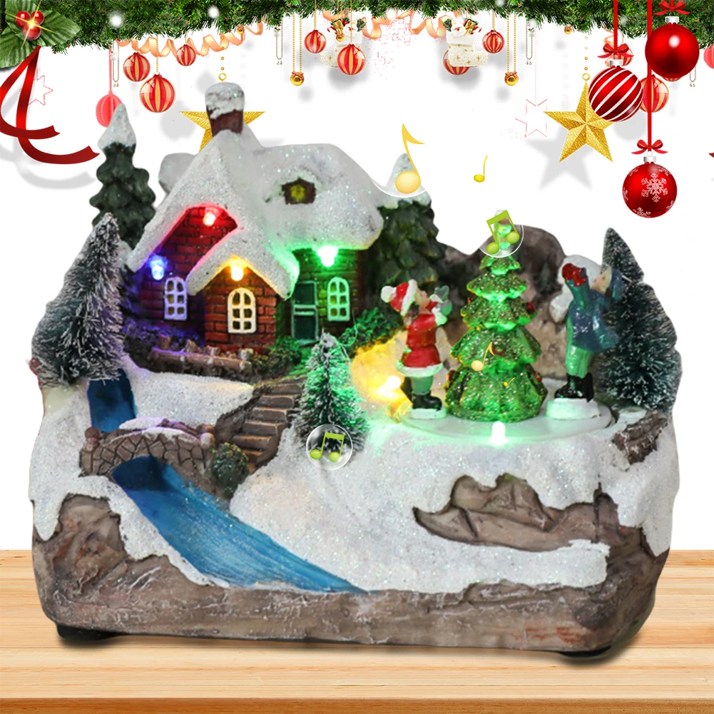 Christmas House Decoration LED Light Resin Rotating Music Statue Christmas Village House Chirtmas Desktop Decoration Gifts