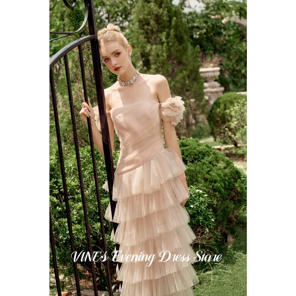 

VINES Elegant Nude Pink Prom Dress Off-Shoulder Tulle Evening Dress Tiered Ruffle Tulle A-Line Fairy Party Dress Customized