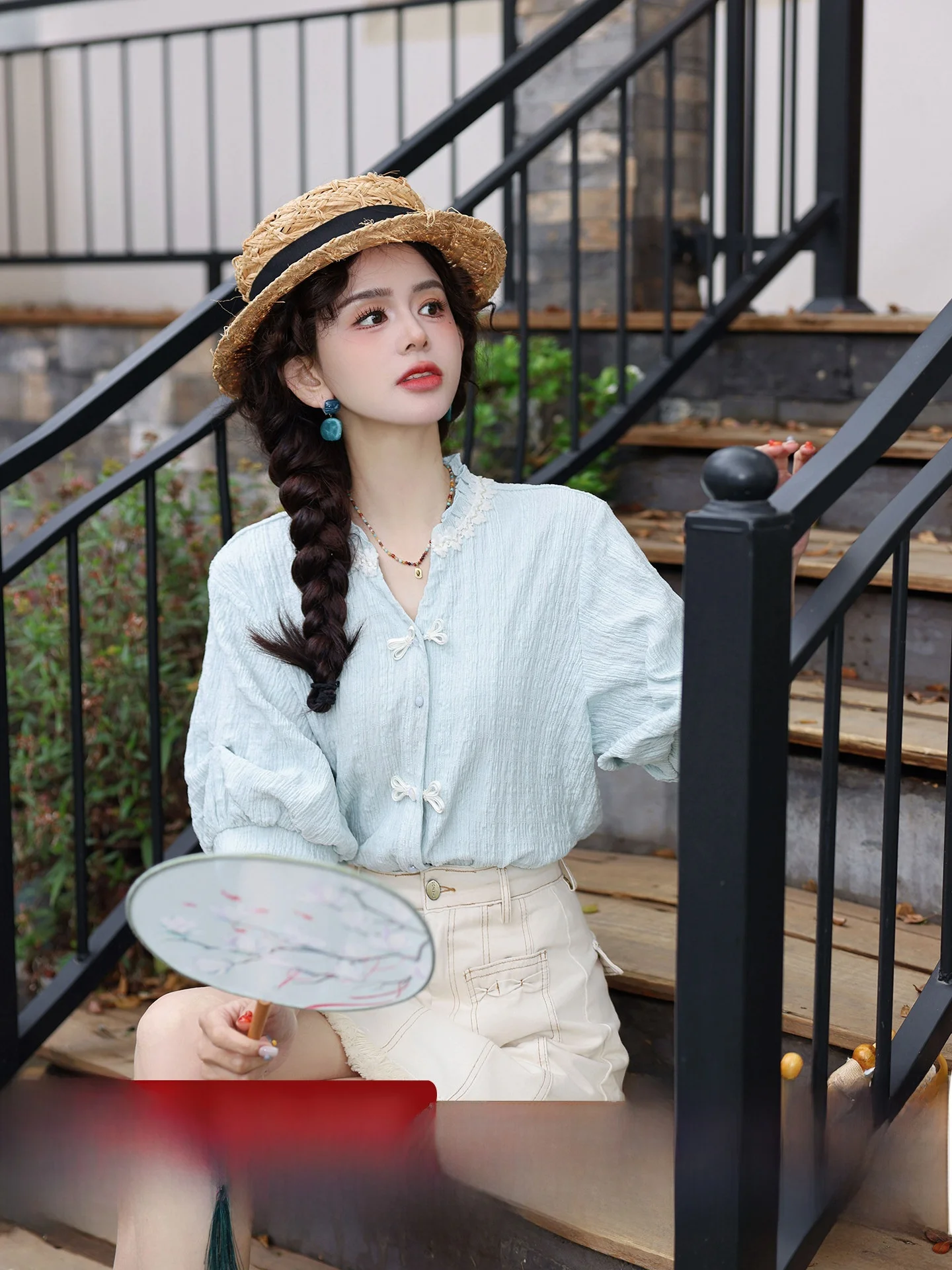 

Chen Jiajie Women's Short Sleeve Shirt Loose Fit Elegant Summer Top Vintage Style Splicing Polyester Blend Regular Sleeve