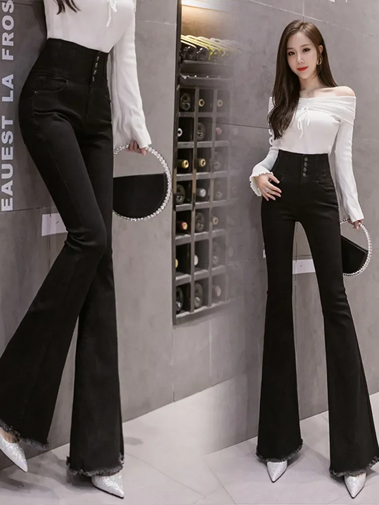 

Fashion Women Jeans 2023 Autumn New High Waist Slimming Tight-breasted Raw Edge Stretch Flared Trousers Korean Women Pants E68