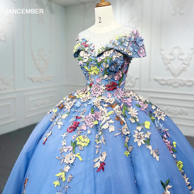 Vestido De quinceañera personalizado De manga corta azul De princesa, vestido De fiesta De flores con cuello redondo y bola brillante para niña, Vestidos De Fiesta