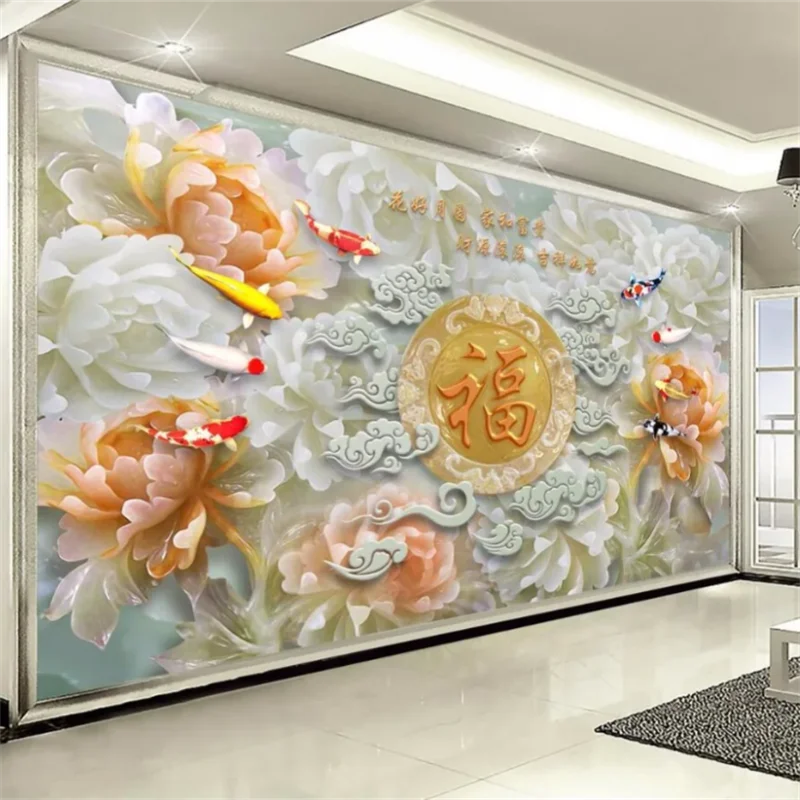 

Custom wallpaper 3d papel tapiz high imitation white jade carving plum mural Chinese Jade carving Peony Peacock mandarin duck