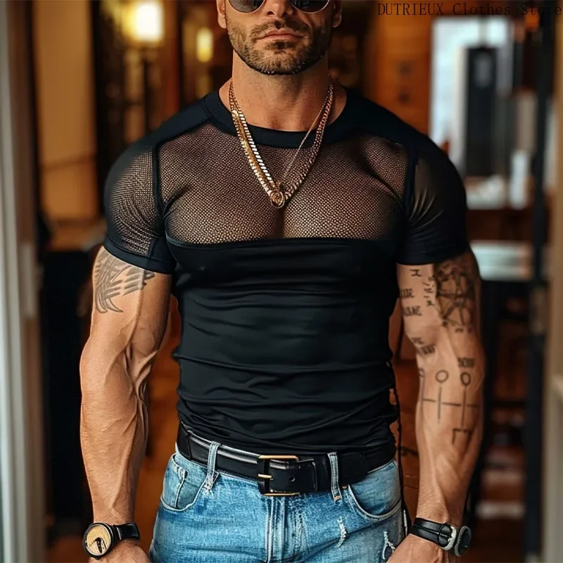 Men\'s Leather Stitching Net Shirt Motorcycle Leather Vest Top Sexy See-through Hooded Vest Muscular Men Fitness Vest Tank Top Me