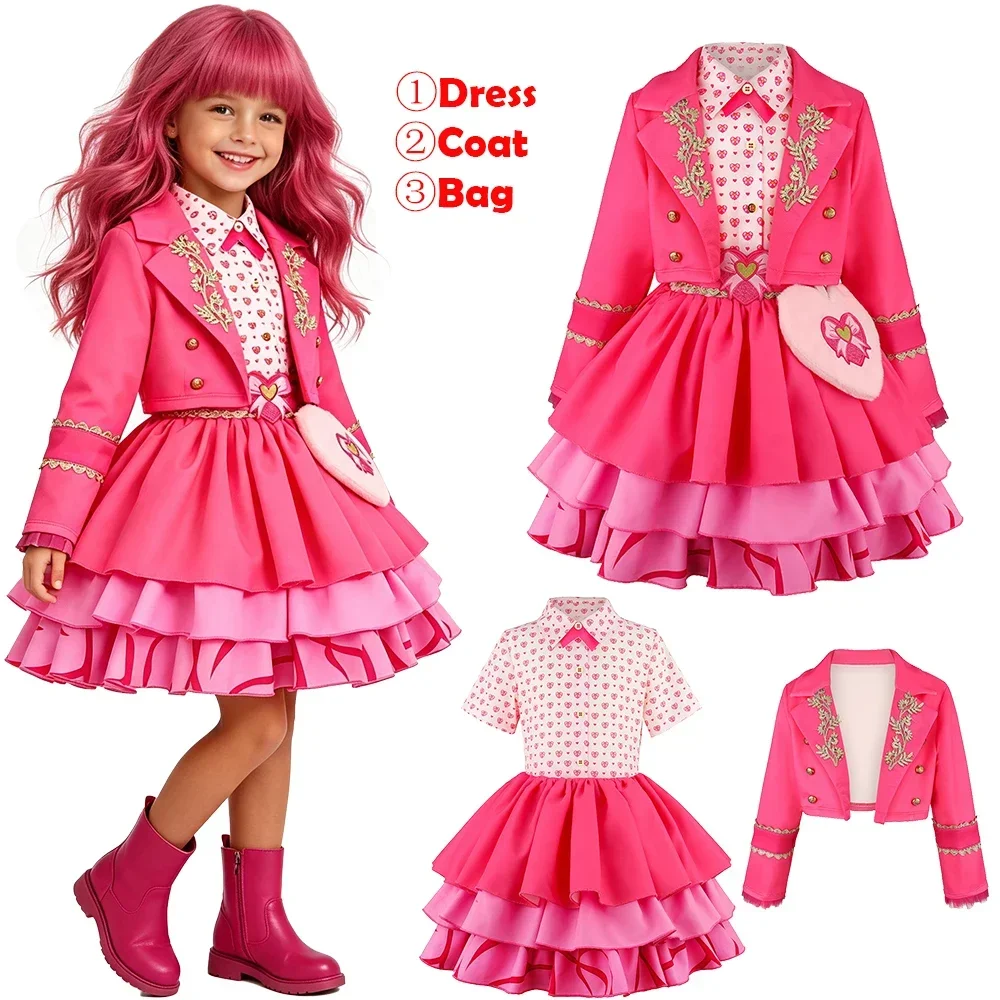 Disfraz de Princesa Rosa para Niñas Descendants 2026, Traje Retro de Halloween con Blazer de Manga Larga, Vestido Dulce de Escote en Capas, Atuendo Elegante para Fiesta de Cumpleaños