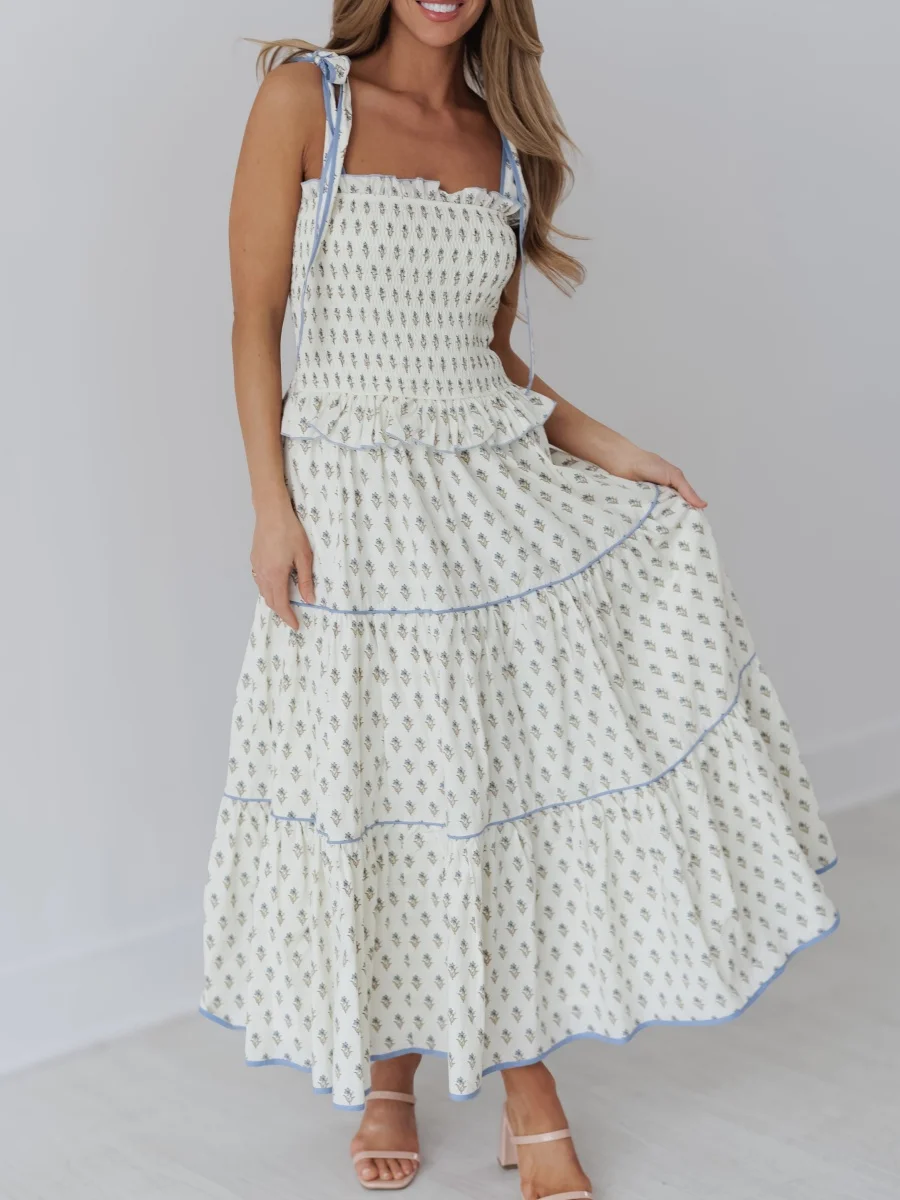 Abito lungo floreale Bohemain da donna Collo quadrato Papillon Spalla Abito fluido Abito estivo da spiaggia estivo a strati con volant smock