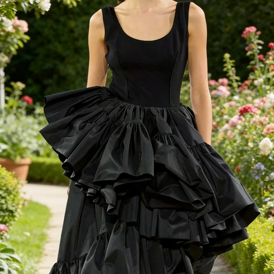Classic Black Scoop Collar Ruffles Tiered Asymmetrical Formal Evening Dresses Birthday Party Prom Gowns Customized