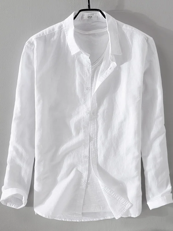 

White Long Sve Linen irt Men's Casual Collar Loose Youth Japanese Sle Breathable Cotton Linen Material Trendy Men's irt
