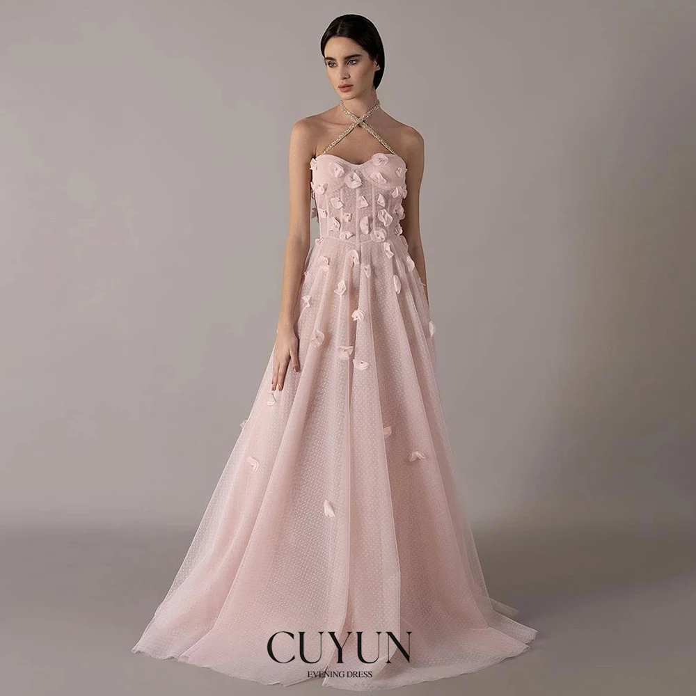 

CUYUN Halter Women Formal Dresses 2025 Customized Pink Backless Lace-up Long Prom Dresses Appliques Elegant Party Dresses