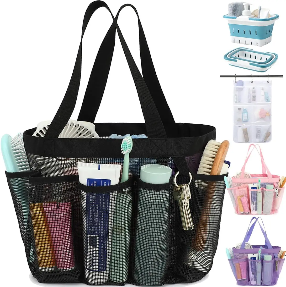 

Портативная сетчатая сумка-органайзер для душа с 8 карманами, большая сумка-тоут для общежития, ванной, пляжа, кемпинга, спортзала