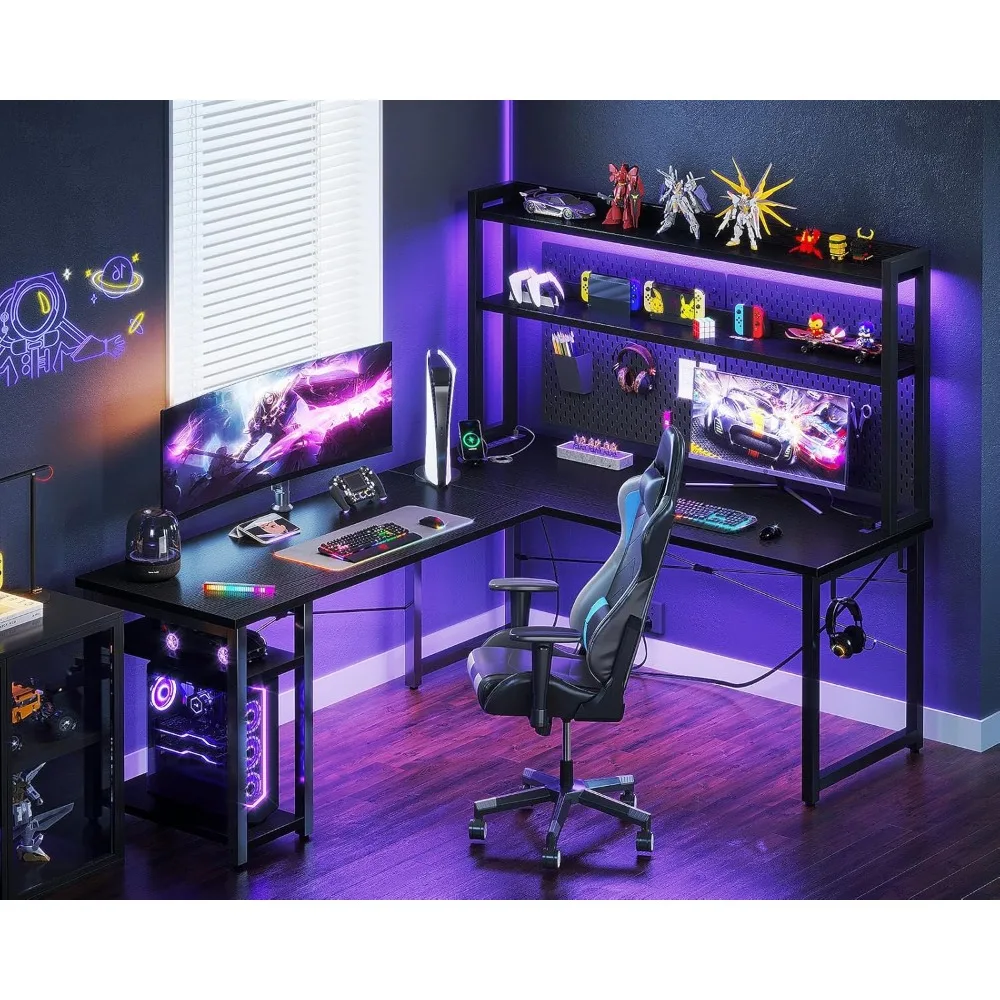 

AODK L Shaped Gaming Desk with Hutch &Power Outlets &LED Strip & Monitor Stand,59" Reversible Computer Desk with Storage Shelves