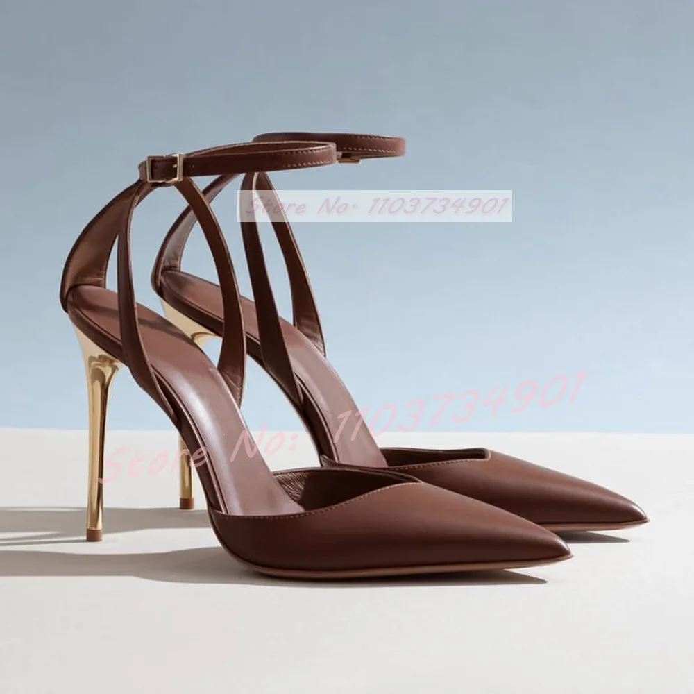 

Gold Metal Heel Ankle Strap Pointed Sandals Lady Patent Leather Thin High Heels Shoes Female Sexy Party Fashion Elegant Sandals