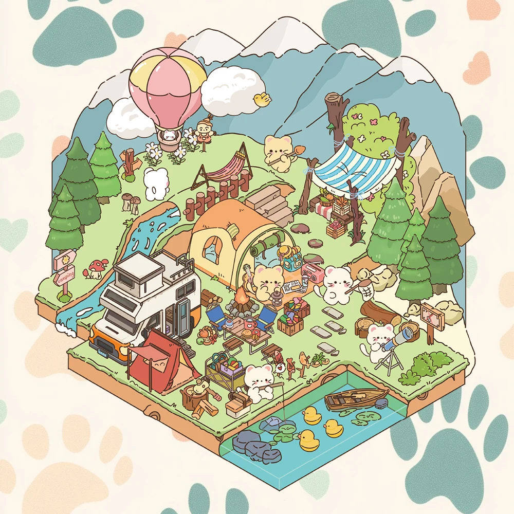 1 ชุด DIY 3D Meow Meow Camping Miniature สติกเกอร์การ์ตูนฉากสัตว์สําหรับทําฉากของคุณเองเพื่อบรรเทาความเครียดผ่านเวลา