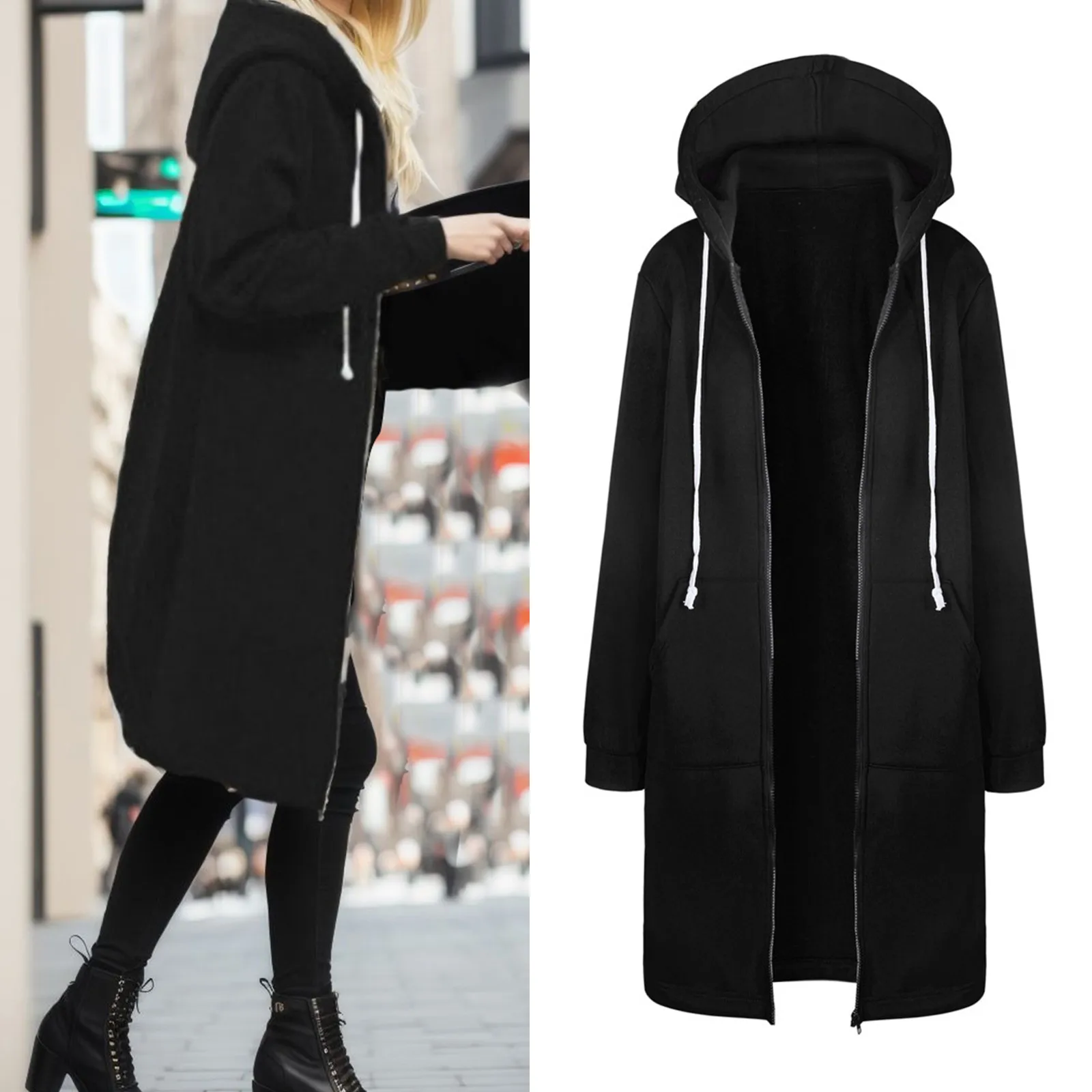 Oversize Black Long Jacket Autumn Winter Women'S Coat Zipper Full Sleeve Hooded Sweatshirt Warm Coat Outwear Loose Jackets