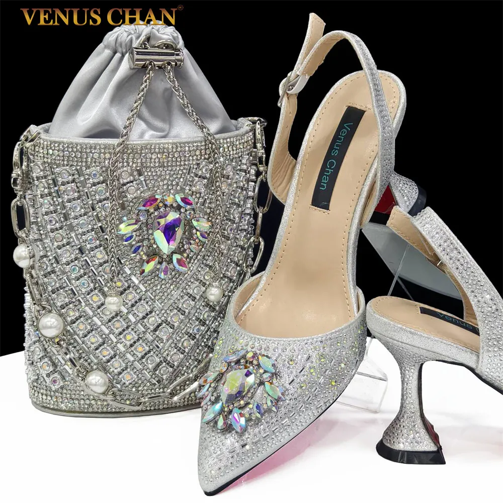 Venus Chan-Girly Style Pointed Toe Wedding Shoes and Bag Full Diamond Decoration Metal Closure Bag Italian Design 2024