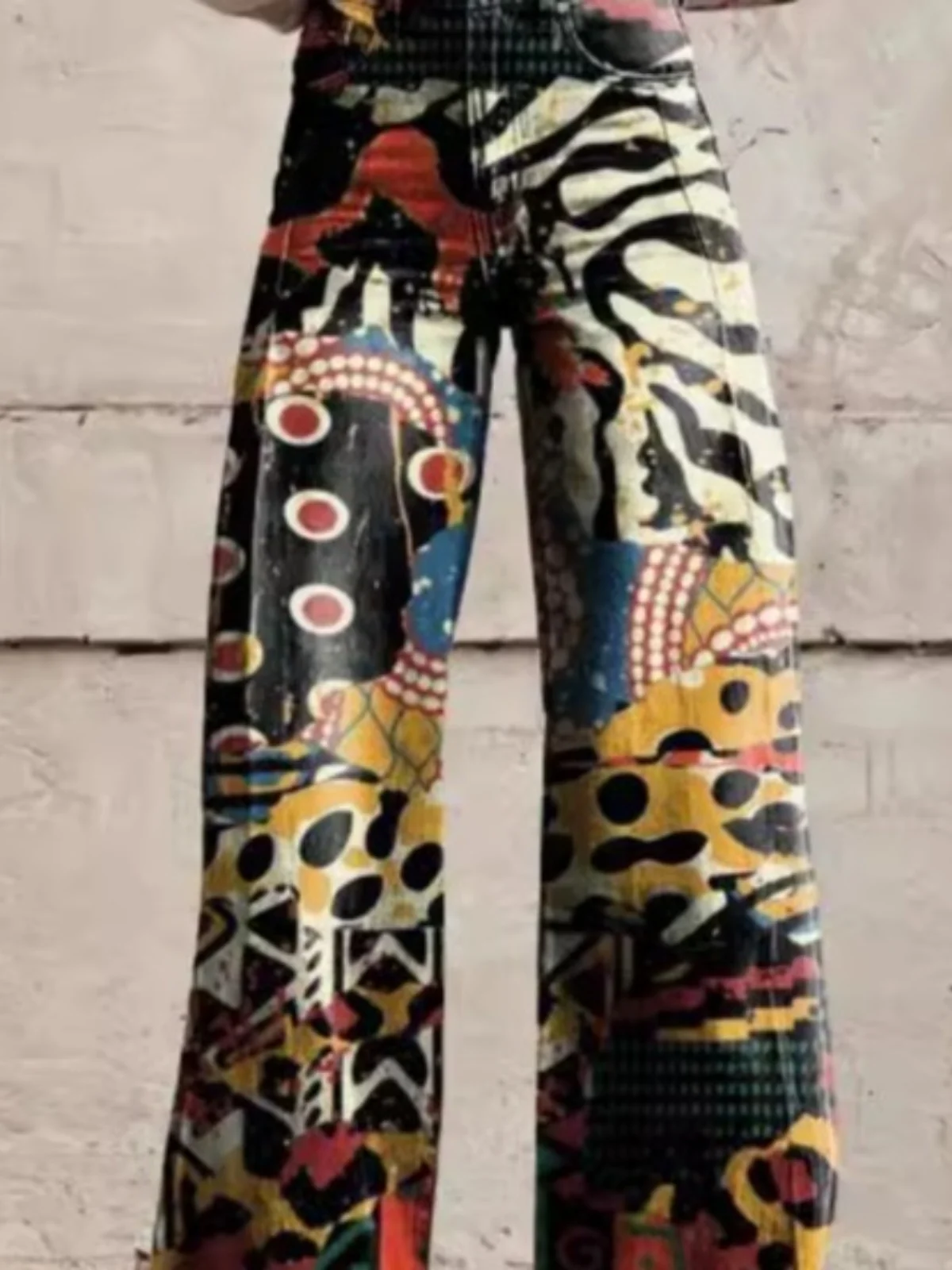 Spodnie damskie w stylu vintage z nadrukiem, plus size, szerokie nogawki, wysoki stan, codzienne długie spodnie, retro, wygodny krój, moda damska.