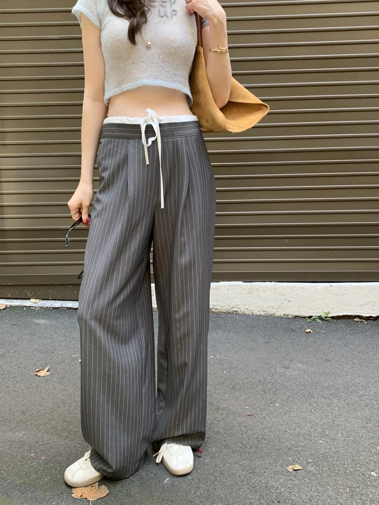 High Waist Wide Leg Pants Women's Casual Trousers Spring 2024 Chic Vintage Patchwork Striped Casual Pants Korean Style