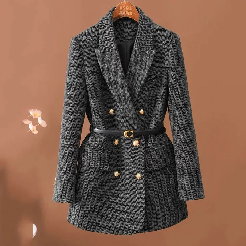 Comes With Belt A Vintage Wool Jacket For Women Autumn And Winter New Double-Breasted Temperament Female Long Sleeve Blazer B407