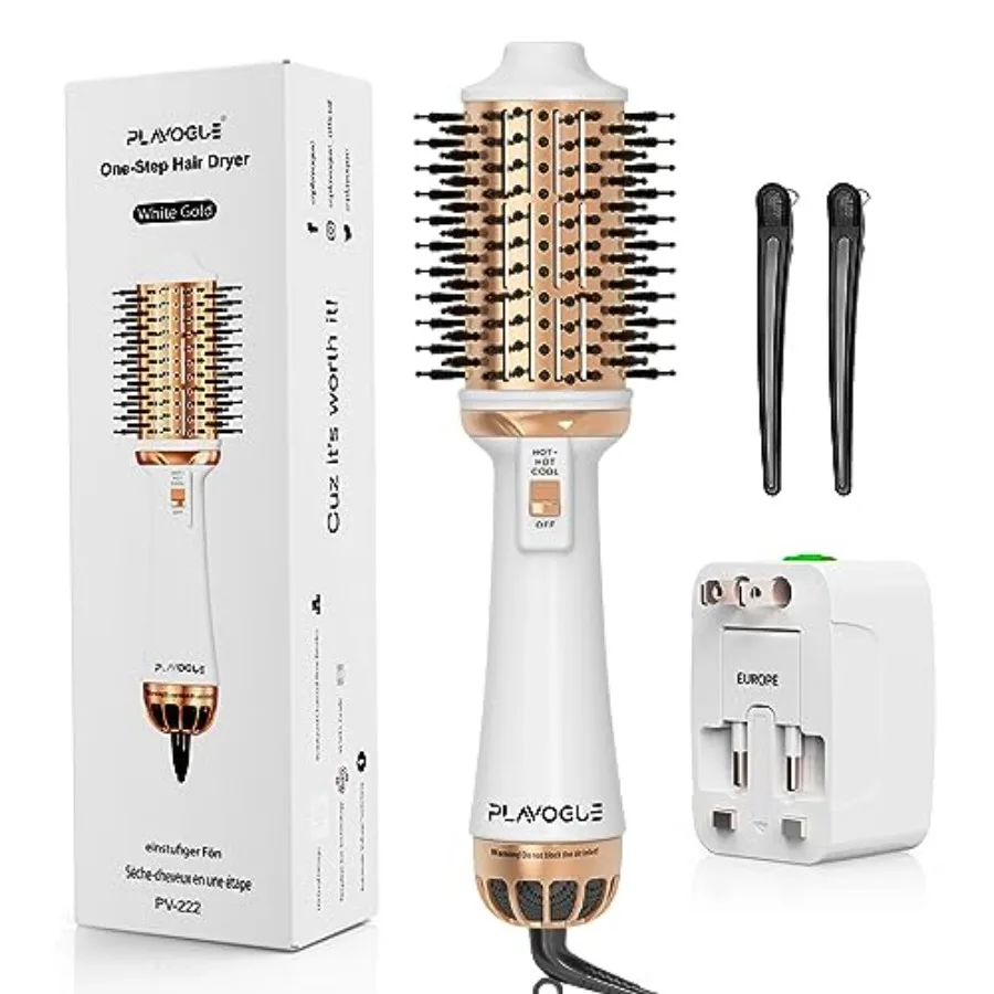 

Dual Voltage Blow Dryer Brush for European Travel, 110V-240V Hot Air Brush with Volumizer, Negative Ionic Anti-Frizz - Styling
