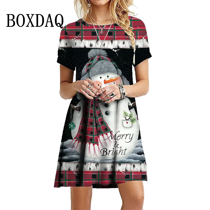 Sweet Casual Christmas Party Dress For Womens Autumn Winter Loose Short Sleeve Christmas Elk 3D Printed Mini Dress Femme Clothes