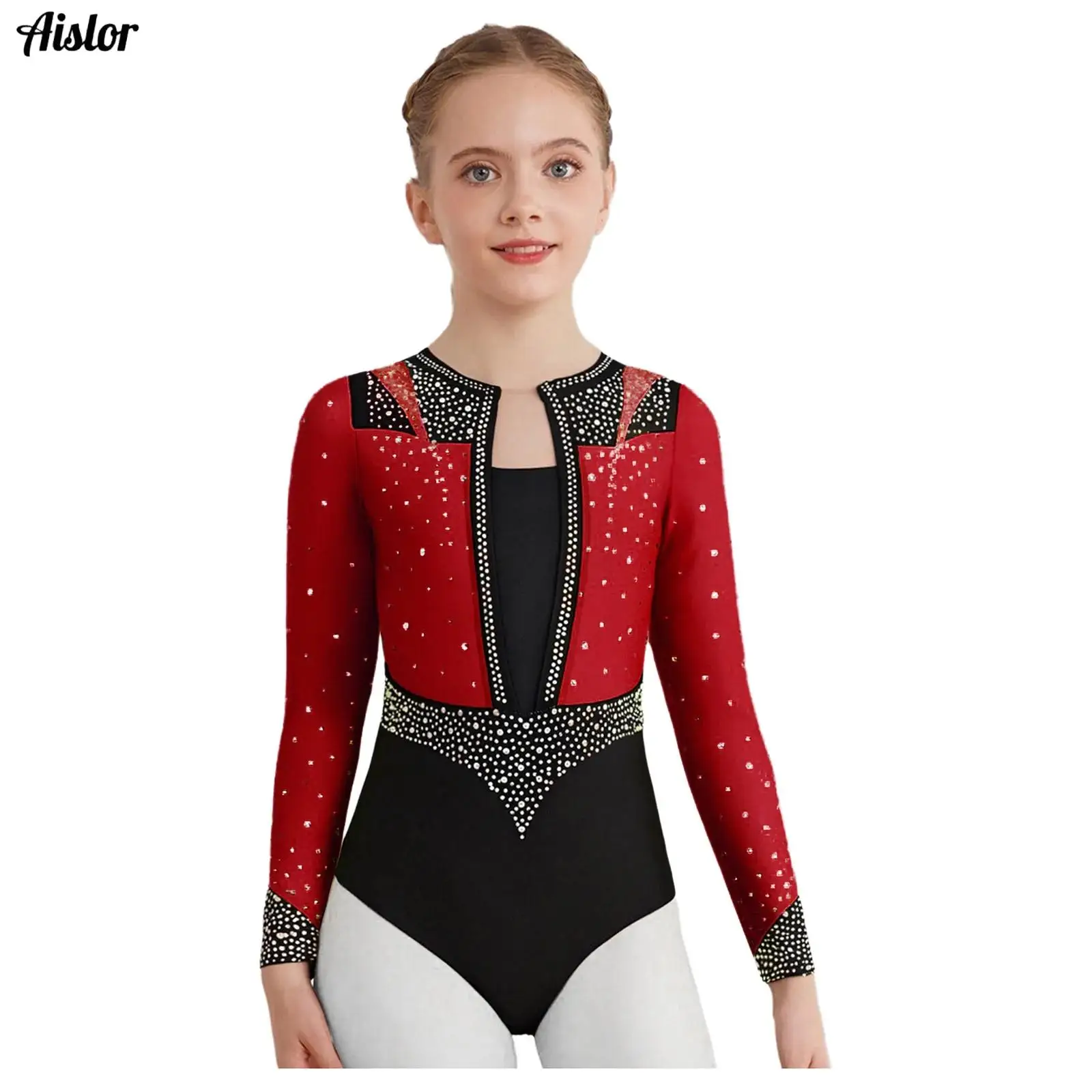 

Kids Girls Figure Skating Dance Leotard Long Sleeve Keyhole Back Bodysuit for Ballroom Ballet Latin Dance Performance Unitard