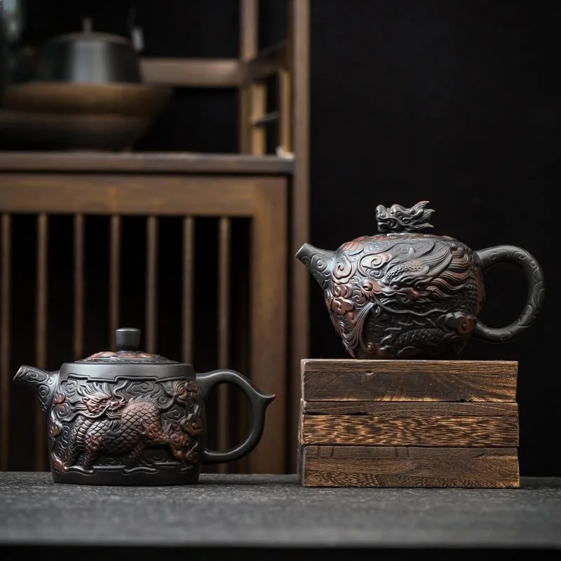 Jianshui Clay Purple Pottery Carving Dragon Teapot Hand Painted Antique Relief Teapot Household Teapot Kungfu Tea Set Kettle