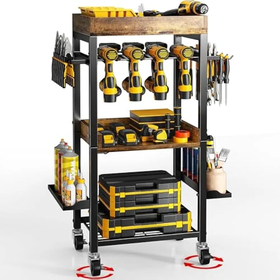 

Power Tool Organizer Storage Cart4-Tier Heavy Duty Metal rolling garage tool cart on wheels with 7 drill holders 2 tool box Fra