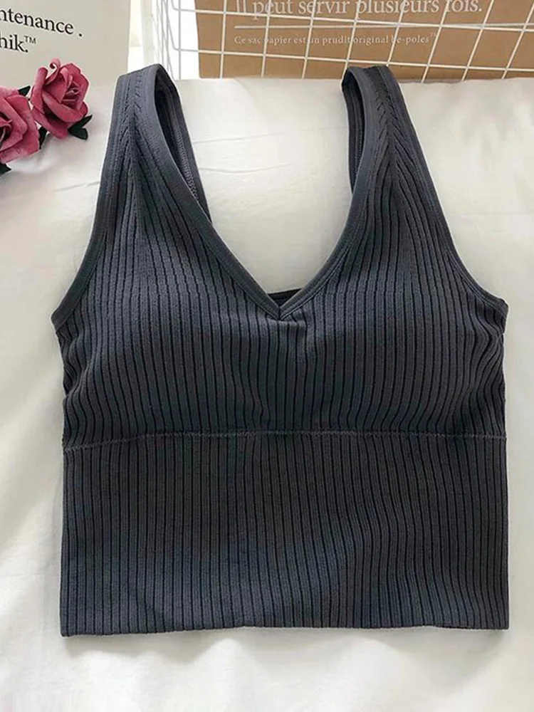 

V Neck Women's Tank Crop Tops Female Knitted Tops Sexy Lingerie Seamless Underwear Streetwear Cropped Tee Padded Camisole