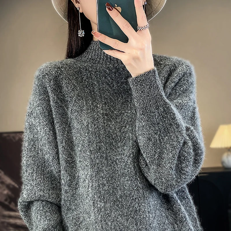 Autumn and Winter Pure Cashmere Sweater Women's Half Turtleneck Lozenge Top Commuter Jumper With Slim-fit Wool Knit Base