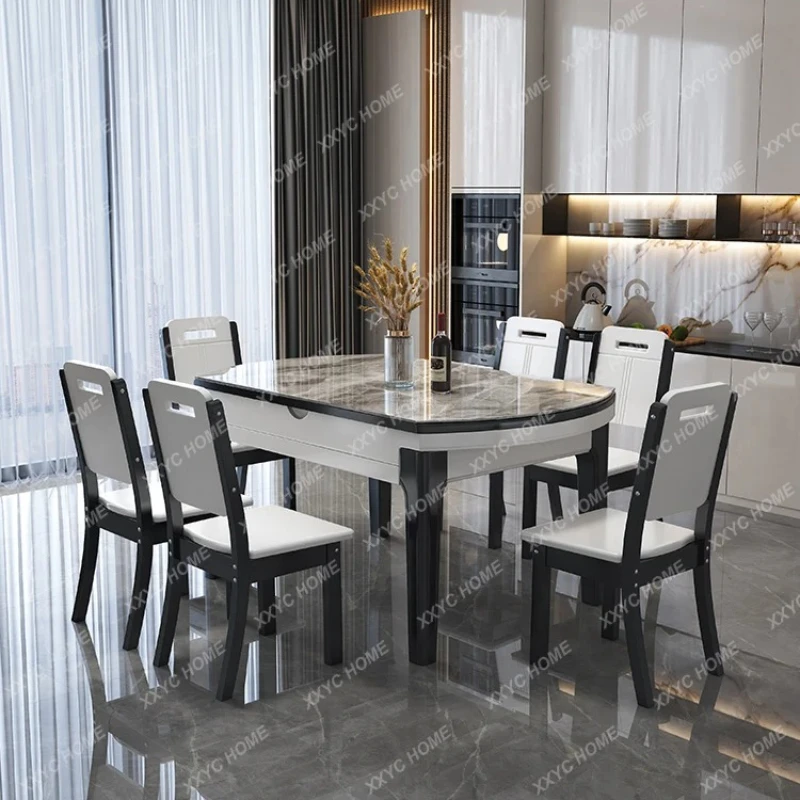 A Rock slab dining table and chair combination home dining modern simple light luxury folding telescopic variable round table