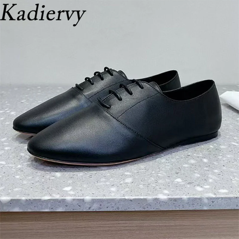 

Spring Autumn Flat Shoes Woman Round Toe Lace Up Daily Lightweight Walk Shoes Office Commuting Genuine Leather Shoes Women