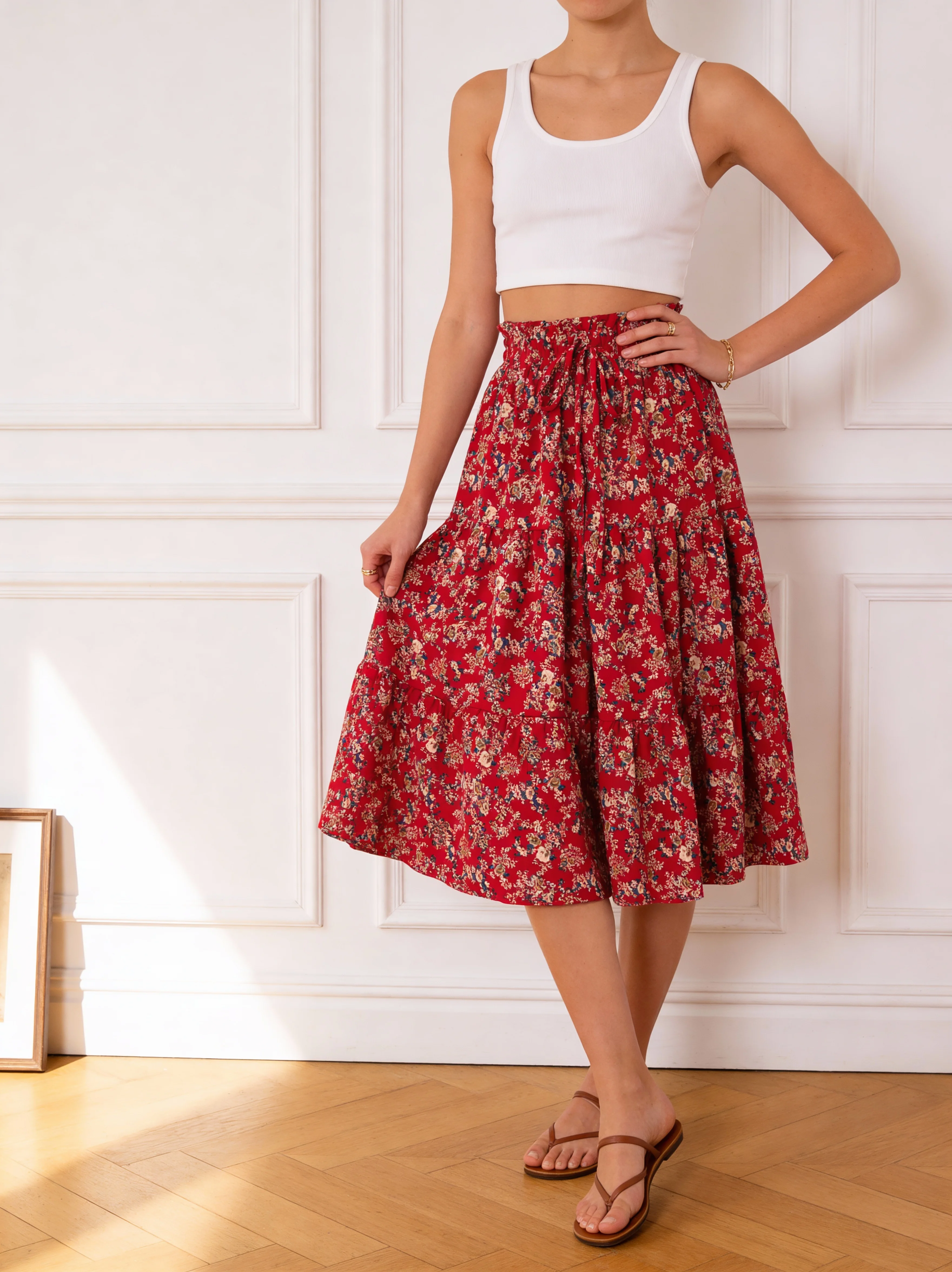 

Women's Floral Tiered Midi Skirt Elegant a Line Half Skirt with Elastic Waistband Perfect for Spring & Summer Casual Wear