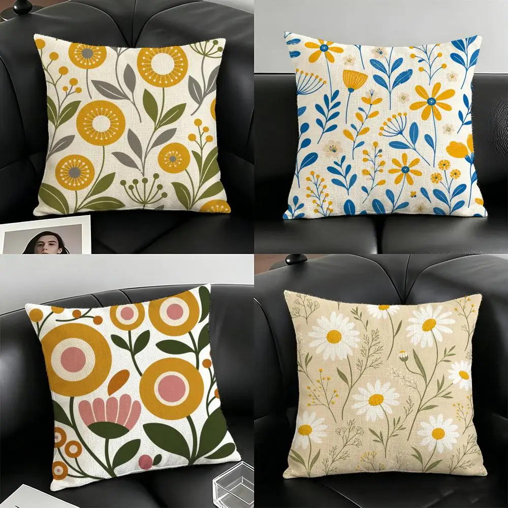 Mid-Century Folk Floral Cushion Cover Natural Linen Organic Fabric Double-Sided Printing Breathable For Home Decor