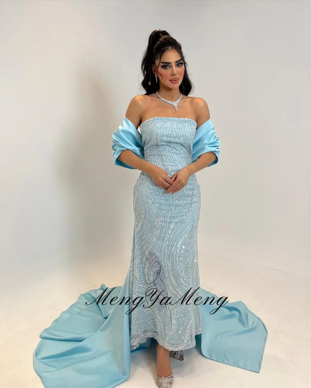 Zhuishu azul luxo vestido de noite sem alças miçangas vestido reto com trem personalizado tornozelo comprimento ocasião especial vestido de festa