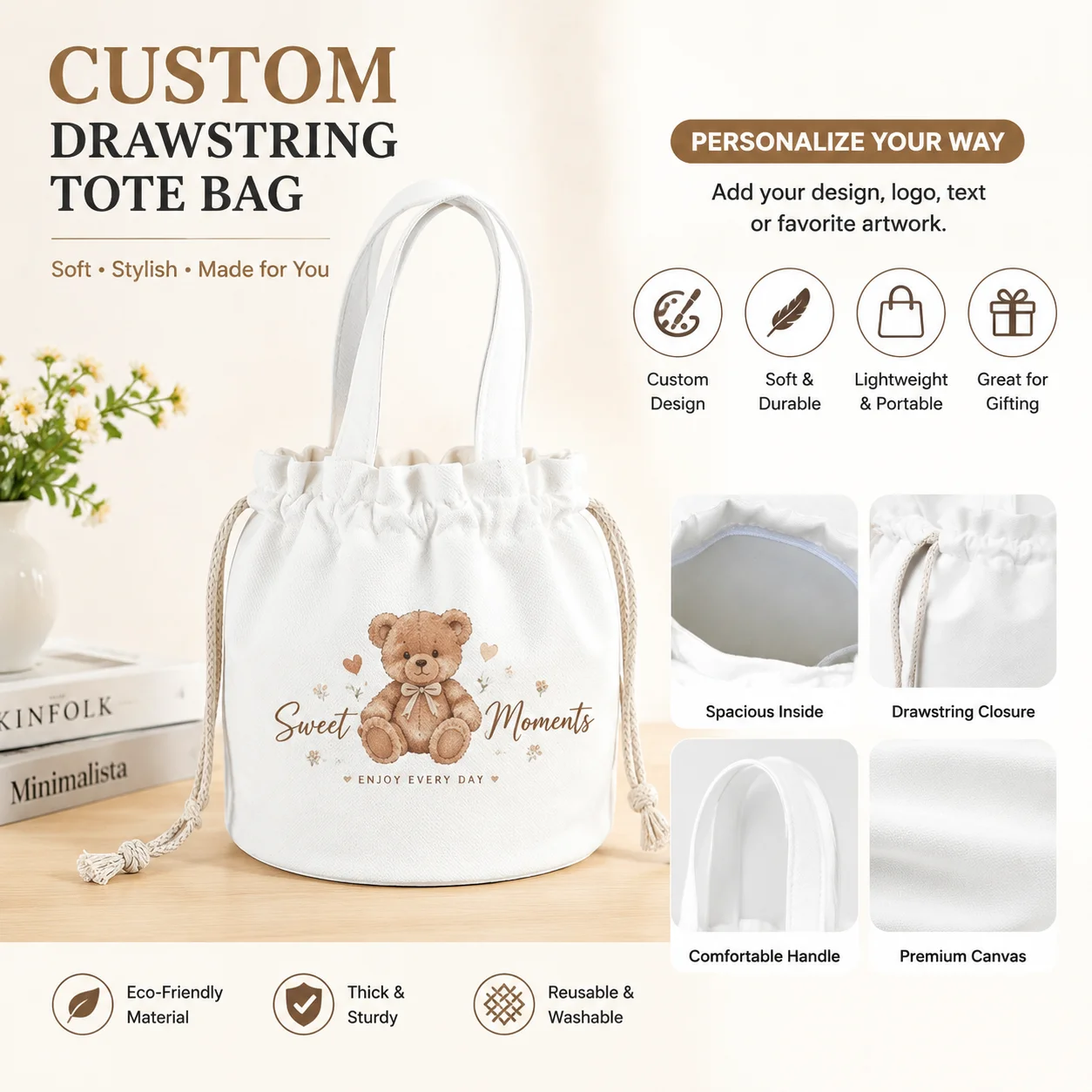 

Custom Travel Drawstring Tote Bag Personalized Vacation Memory Photo Handbag for Women