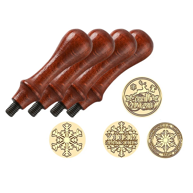 4PCS Christmas Wax Seal Stamp Copper Head Set With Wooden Handle Sealing Stamp Set Envelope Gift Party Invitation Decoration