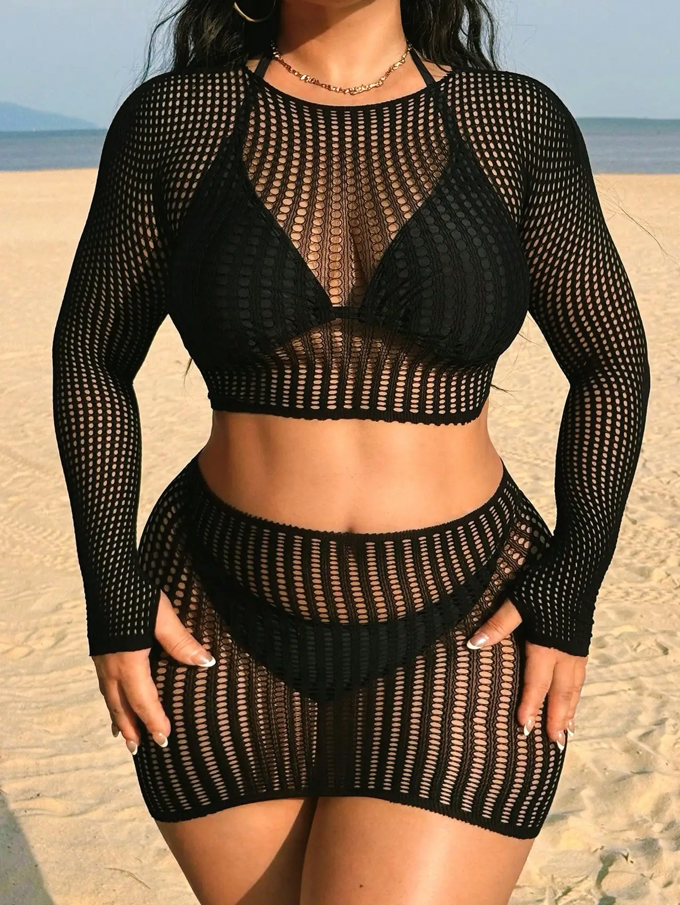 

Women Sexy Hollow Out Long Sleeve Mesh Cover Up Set