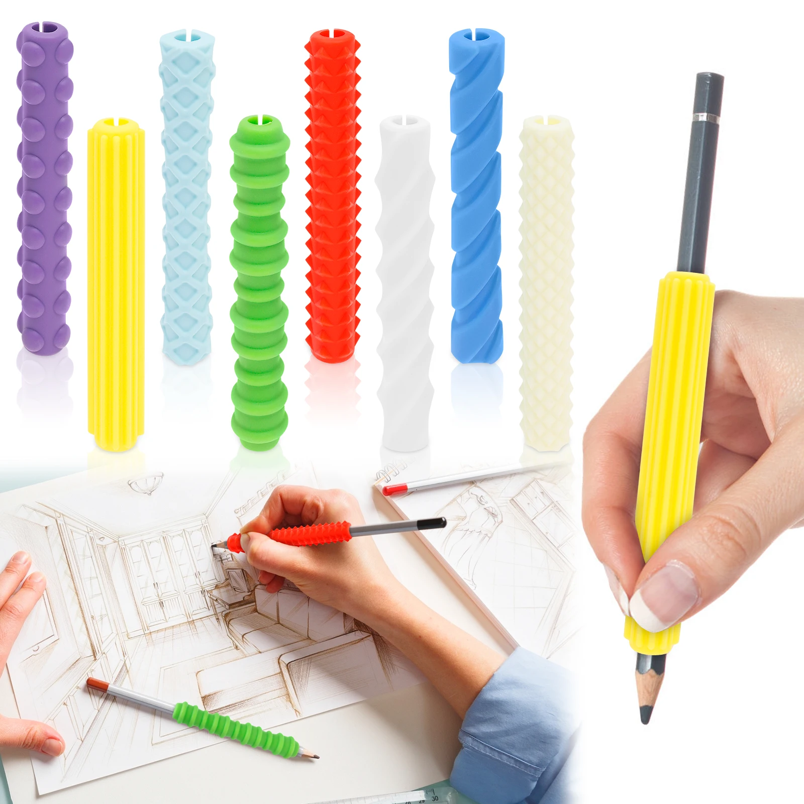 8Pcs Textured Silicone Pen Grips Children Student Pencil Aid Grip Set Reusable Sensory Pencil Sleeve Handwriting Pen Sleeve Tool