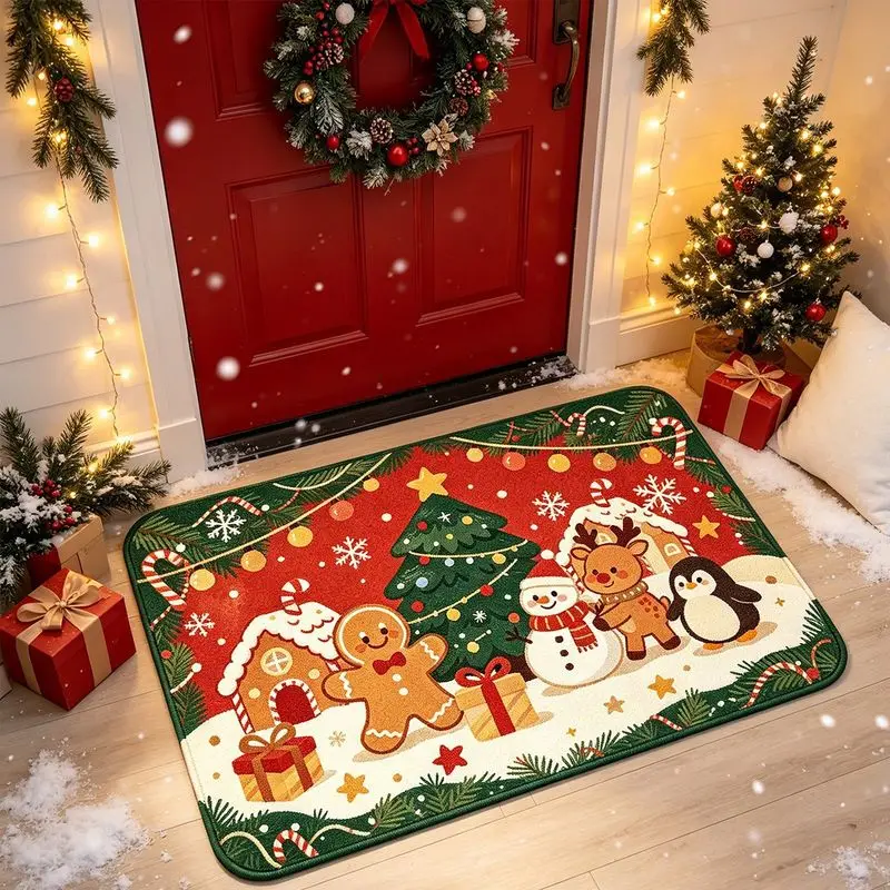 VIKAMA Vintage Christmas Doormat Santa Sleigh Reindeer Washable Non‑Slip Floor Mat For Front Porch Household Decoration