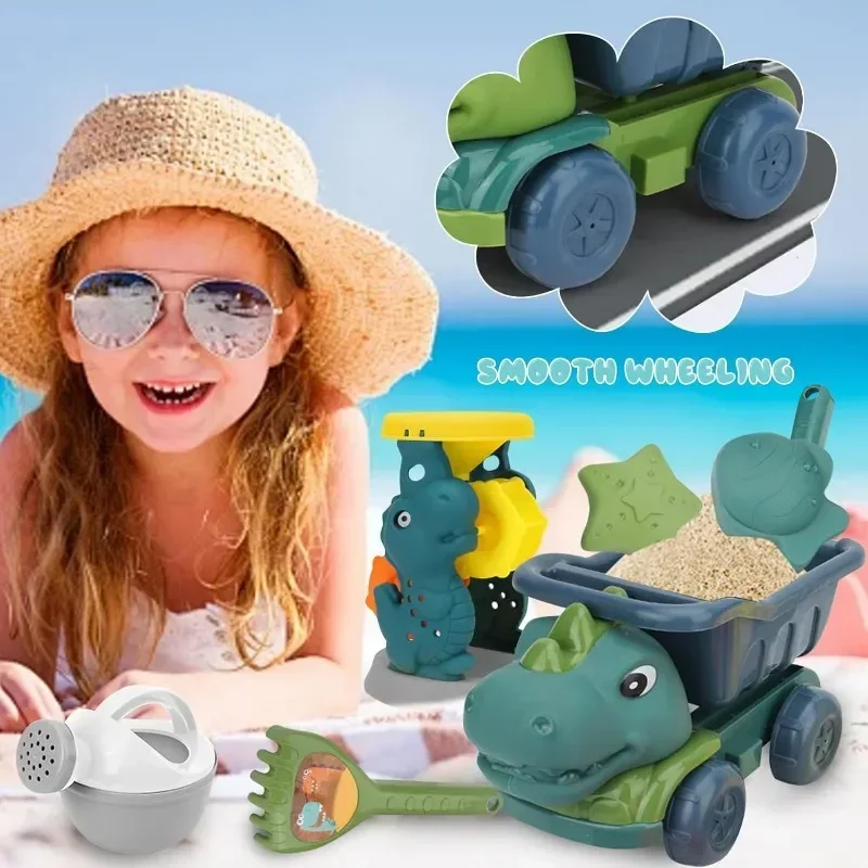 Conjunto de carro e pá de brinquedo de praia-brinquedos de areia com tema de dinossauro com draga de ampulheta divertido kit de atividades de praia para crianças de 3 a 8 anos colher de areia