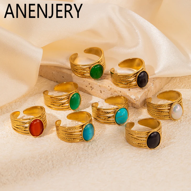 ANENJERY 316L Stainless Steel Colorful Stone Lines Ring for Women Men Vintage Personality Jewelry Gift Party