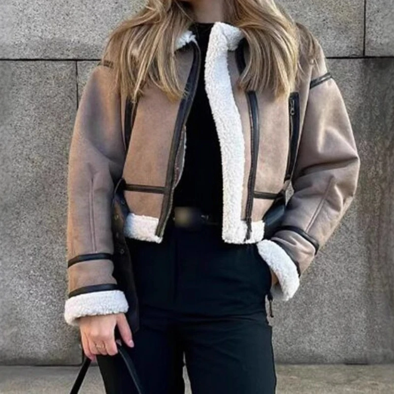 

Streetwear Women Retro Loose Spliced Faux Leather Soft Fur Short Jacket Winter Female Zipper Belt Coat Vintage Outwear 2025