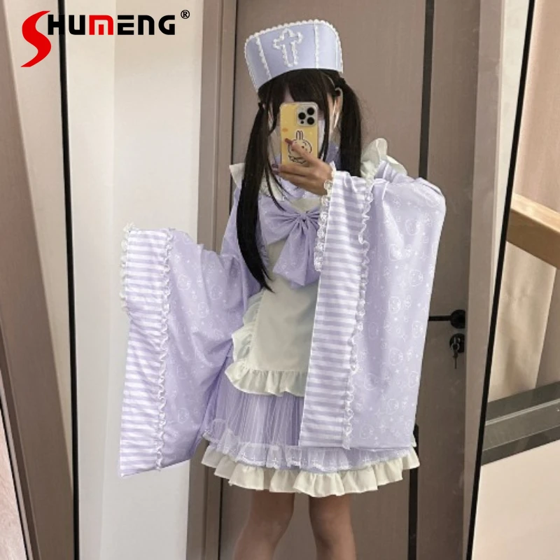

2026 Spring Original Nurse Cat-themed Cute Lolita Dress Women Japanese Print Short Styles Sweet Y2k Long Bell Sleeves Dresses
